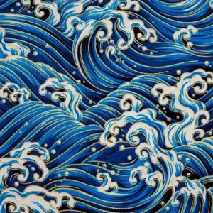100% Cotton Japanese Fabric Digital Print Oriental Big Waves Ocean Sea Golden Royal Blue