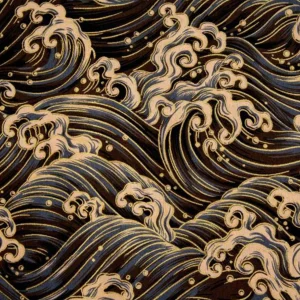 100% Cotton Japanese Fabric Digital Print Oriental Big Waves Ocean Sea Golden Black Grey