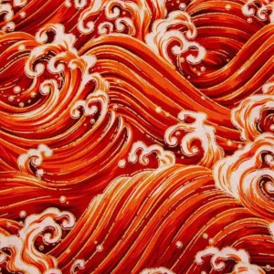 100% Cotton Japanese Fabric Digital Print Oriental Big Waves Ocean Sea Golden Red Orange