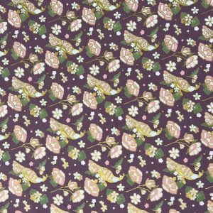 100% Cotton Japanese Fabric Digital Print Oriental Peacock on Dark Mauve Leaves