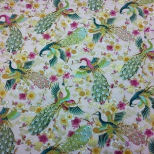 100% Cotton Japanese Fabric Digital Print Oriental Peacocks Pale Pink