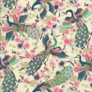 100% Cotton Japanese Fabric Digital Print Oriental Peacocks Cream | Ivory