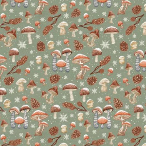 Autumn Toadstool Pinecones Woodland 100% Cotton Fabric