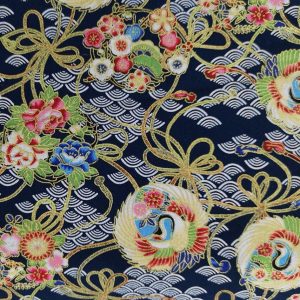 100% Cotton Japanese Fabric Digital Print Oriental Strings Cranes On Black