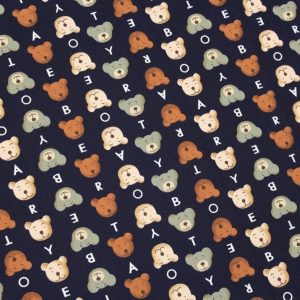 Navy Blue Teddy Bear And Alphabets Printed Canvas Fabric