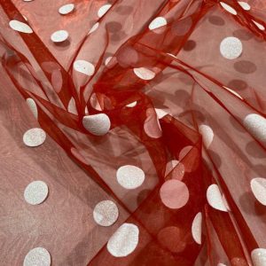 Red and White with Glitter 2cm Spot Organza Fabric Polka Dot