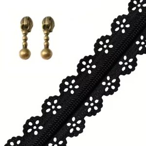 Black Colour 3mm Novelty Nylon Floral Edge Lace Zip By the Meter