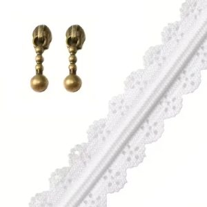 White Colour 3mm Novelty Nylon Floral Edge Lace Zip By the Meter
