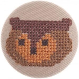 G443054\0 Woodland Cross Stitch Owl Fabric Covered Buttons Cream & Brown 33mm