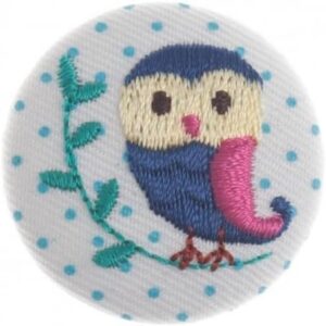 G443251\0 Woodland Embroidered Blue Owl Fabric Covered Buttons