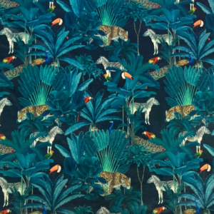 Royal Palm Tropical Digital Printed Plush Velvet Curtain Upholstery Fabric - Navy Blue